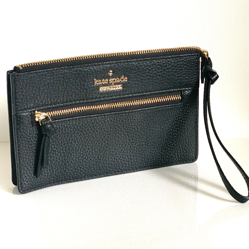Kate Spade Black Pebbled Leather Wristlet with Metal Logo Like New Condition